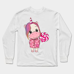 Cute unicorn in a pink coat with a lollipop. Long Sleeve T-Shirt